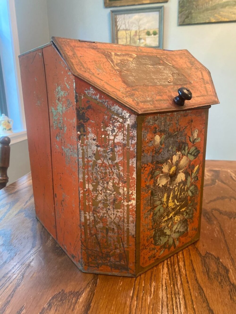 Antique Floral Painted Metal Storage Tin With Hinged Lid & Knob Handle - Rustic